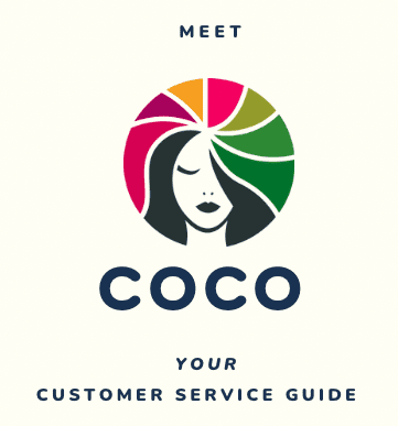 A logo of coco cosmetics with the words " meet coco your customer service guide ".