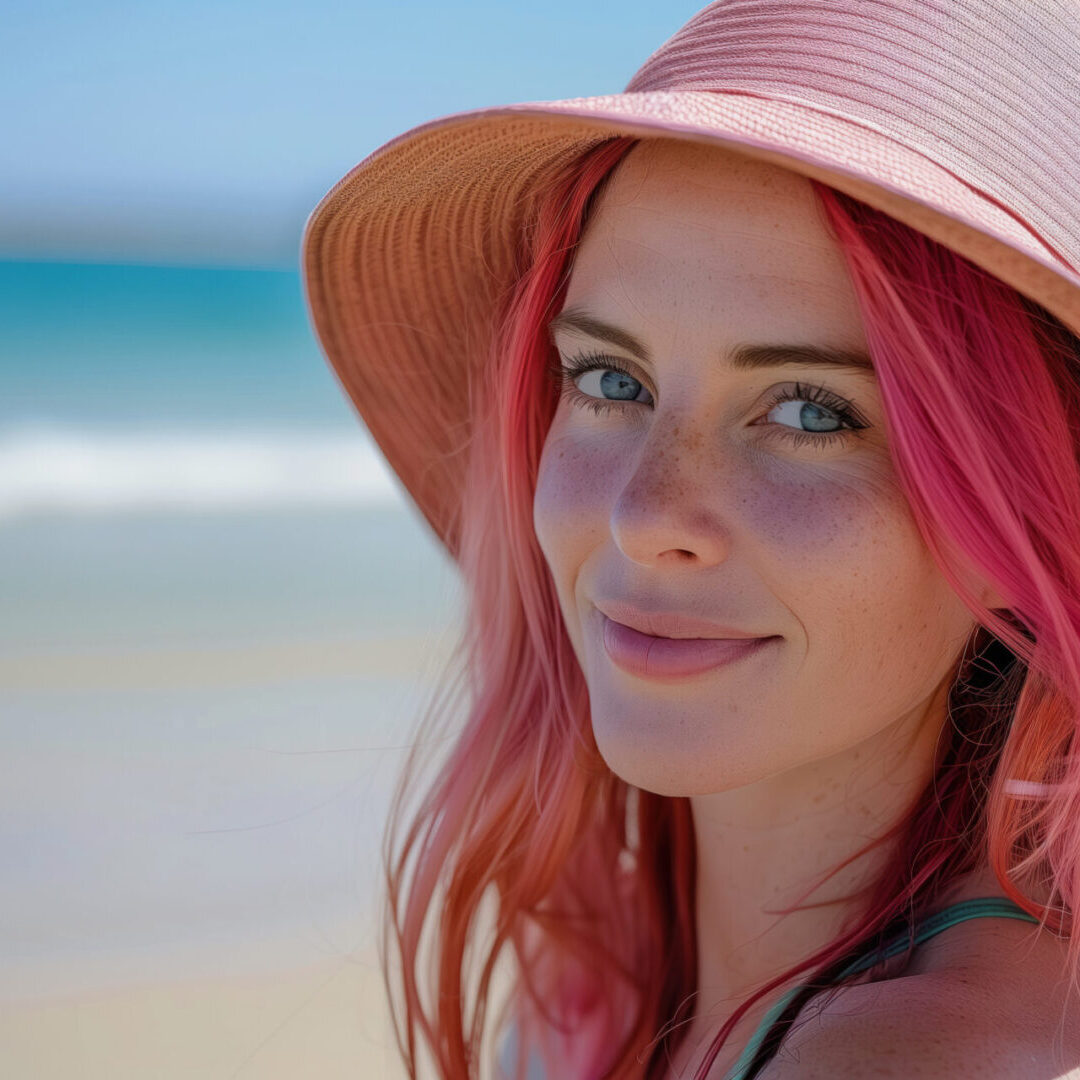 A woman with pink hair and a hat on the beach.