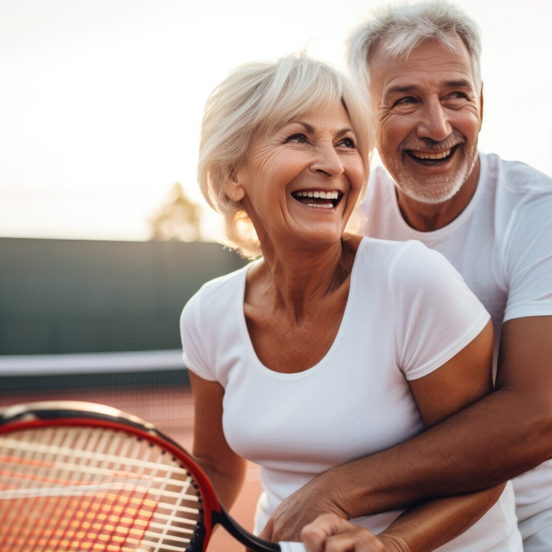 A man and woman holding onto a tennis racket