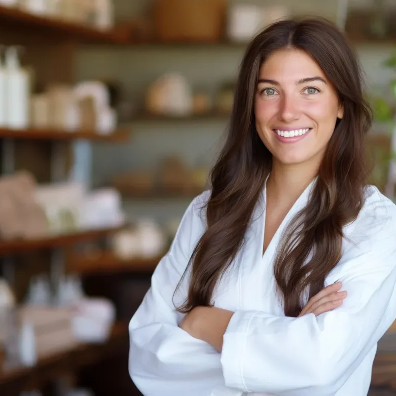 A woman standing in front of shelves with her arms crossed.